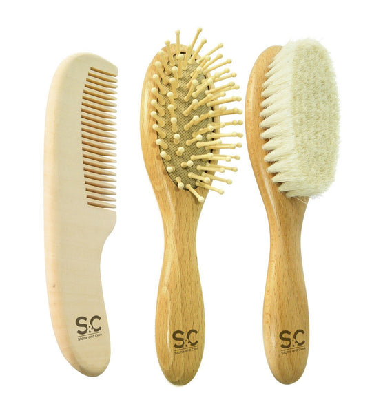3 PC Organic Wooden Baby Hair Brush & Comb Set by Stone & Clark