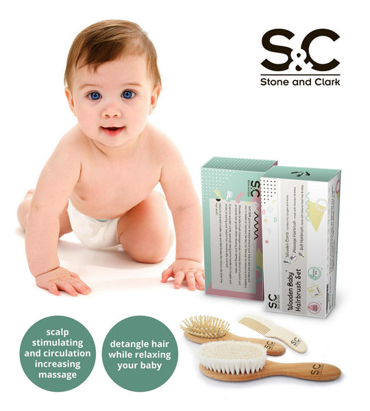 3 PC Organic Wooden Baby Hair Brush & Comb Set by Stone & Clark
