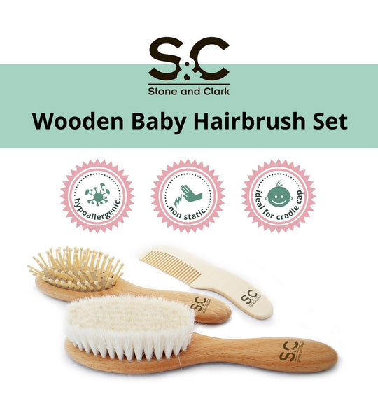 3 PC Organic Wooden Baby Hair Brush & Comb Set by Stone & Clark