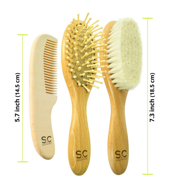 3 PC Organic Wooden Baby Hair Brush & Comb Set by Stone & Clark