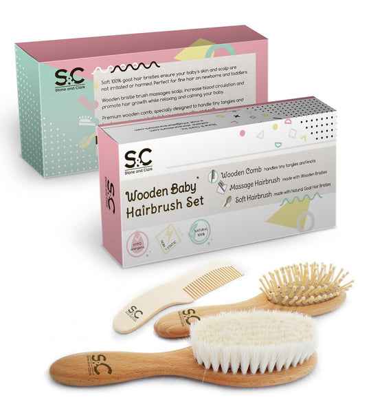 3 PC Organic Wooden Baby Hair Brush & Comb Set by Stone & Clark