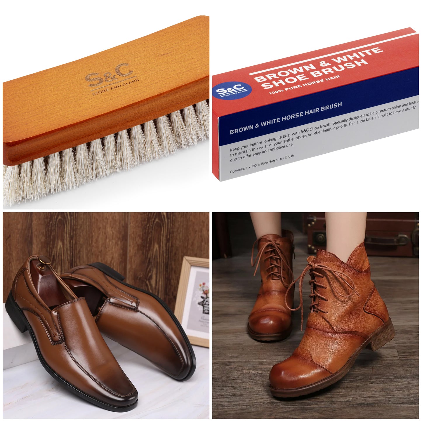 Premium White Horsehair Leather Shoe Brush