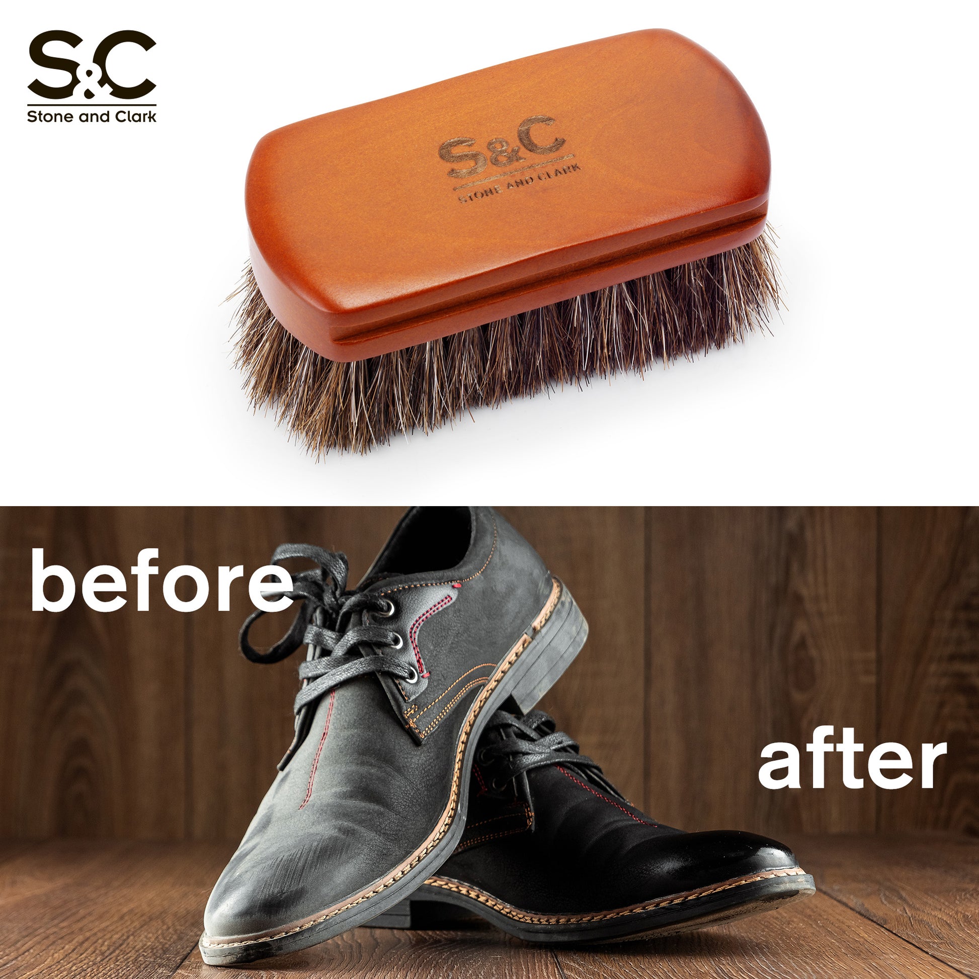 Mini 4 Shoe Brush - Portable Horse Hair Boot Brush w/Natural Wood Handle -  Soft Bristle Shoe Shine Brush for Cleaning, Buffing & Polishing Leather