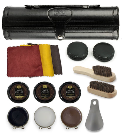 Stone & Clark 12pc Shoe Polish & Care Kit, Leather Shoe Shine Kit with Brown Wax, Shoe Brushes for Polishing